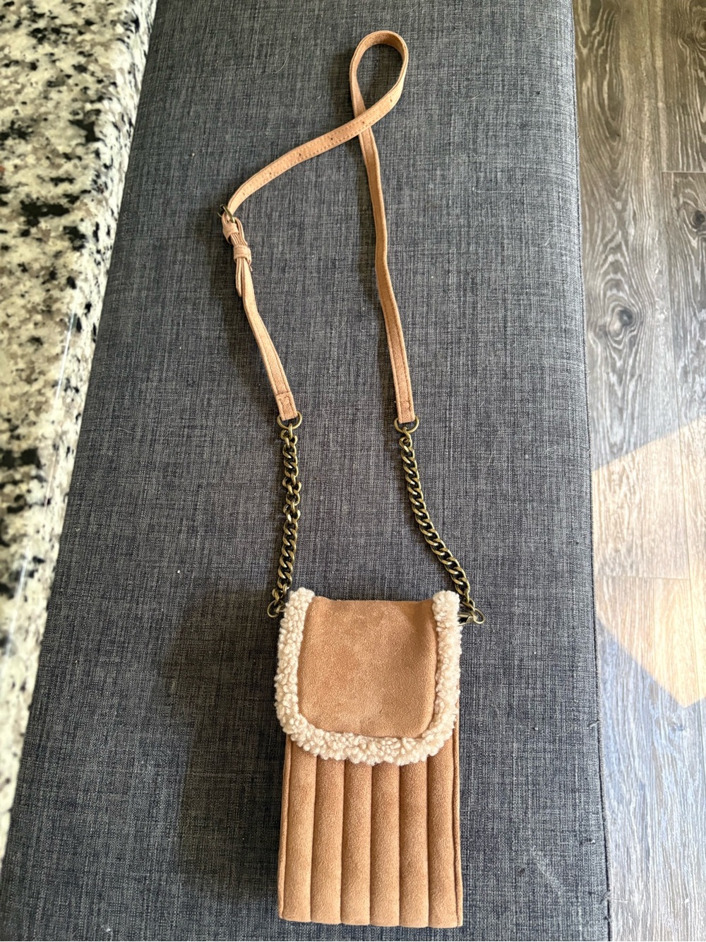 Maurices tan shearling-trim crossbody phone bag with chain strap